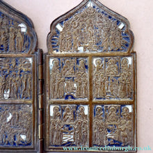 Load image into Gallery viewer, Antique RUSSIAN Orthodox Polychrome Enameled Brass PILGRIMS Travelling Icon
