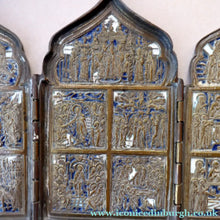 Load image into Gallery viewer, Antique RUSSIAN Orthodox Polychrome Enameled Brass PILGRIMS Travelling Icon
