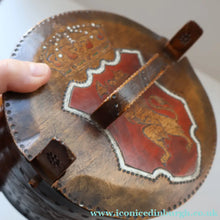 Load image into Gallery viewer, Antique SCANDINAVIAN Folk Art Bentwood Tine / Svepask Box with Crowned Lion Crest on the Lid
