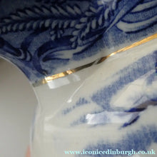 Load image into Gallery viewer, Antique Shelley Pottery Scotch Whisky Jug. Blue and White Country Pursuits Pattern
