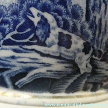 Load image into Gallery viewer, Antique Shelley Pottery Scotch Whisky Jug. Blue and White Country Pursuits Pattern
