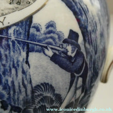 Load image into Gallery viewer, Antique Shelley Pottery Scotch Whisky Jug. Blue and White Country Pursuits Pattern
