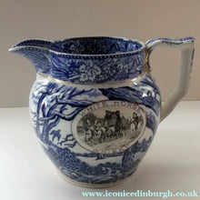 Load image into Gallery viewer, Antique Shelley Pottery Scotch Whisky Jug. Blue and White Country Pursuits Pattern
