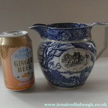 Load image into Gallery viewer, Antique Shelley Pottery Scotch Whisky Jug. Blue and White Country Pursuits Pattern
