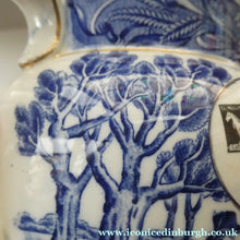 Load image into Gallery viewer, Antique Shelley Pottery Scotch Whisky Jug. Blue and White Country Pursuits Pattern
