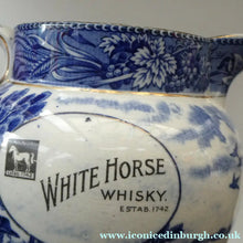 Load image into Gallery viewer, Antique Shelley Pottery Scotch Whisky Jug. Blue and White Country Pursuits Pattern
