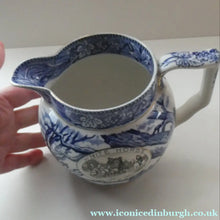 Load image into Gallery viewer, Antique Shelley Pottery Scotch Whisky Jug. Blue and White Country Pursuits Pattern
