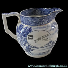 Load image into Gallery viewer, Antique Shelley Pottery Scotch Whisky Jug. Blue and White Country Pursuits Pattern

