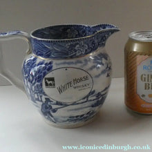 Load image into Gallery viewer, Antique Shelley Pottery Scotch Whisky Jug. Blue and White Country Pursuits Pattern
