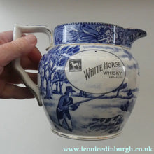 Load image into Gallery viewer, Antique Shelley Pottery Scotch Whisky Jug. Blue and White Country Pursuits Pattern
