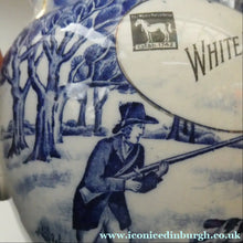 Load image into Gallery viewer, Antique Shelley Pottery Scotch Whisky Jug. Blue and White Country Pursuits Pattern
