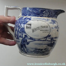 Load image into Gallery viewer, Antique Shelley Pottery Scotch Whisky Jug. Blue and White Country Pursuits Pattern
