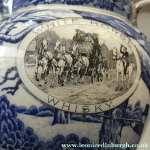 Load image into Gallery viewer, Antique Shelley Pottery Scotch Whisky Jug. Blue and White Country Pursuits Pattern

