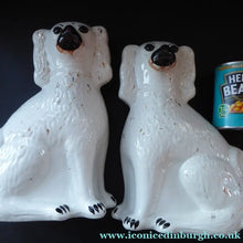 Load image into Gallery viewer, LARGE Staffordshire Dogs Chimney Spaniels / Wally Dugs. 12 inches. ANTIQUE PAIR with dark brown glass eyes; 1880
