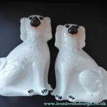 Load image into Gallery viewer, LARGE Staffordshire Dogs Chimney Spaniels / Wally Dugs. 12 inches. ANTIQUE PAIR with dark brown glass eyes; 1880
