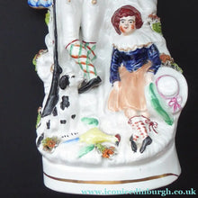 Load image into Gallery viewer, Antique STAFFORDSHIRE Figurine. Rarer Group of Huntsman, Dog &amp; Game, and Little Seated Girl. Excellent Condition. 11 1/4 inches high
