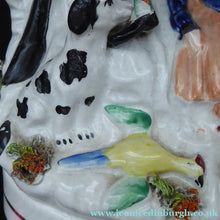 Load image into Gallery viewer, Antique STAFFORDSHIRE Figurine. Rarer Group of Huntsman, Dog &amp; Game, and Little Seated Girl. Excellent Condition. 11 1/4 inches high
