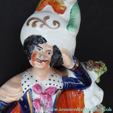 Load image into Gallery viewer, Antique STAFFORDSHIRE Figurine. Rarer Group of Huntsman, Dog &amp; Game, and Little Seated Girl. Excellent Condition. 11 1/4 inches high
