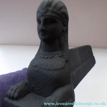 Load image into Gallery viewer, Antique VICTORIAN Matching PAIR of Cast Iron French Sphinx Andirons / Firedogs. EGYPTIAN STYLE
