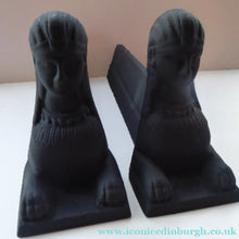 Load image into Gallery viewer, Antique VICTORIAN Matching PAIR of Cast Iron French Sphinx Andirons / Firedogs. EGYPTIAN STYLE
