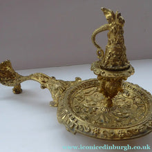 Load image into Gallery viewer, Antique Victorian ORMOLU / BRASS Chamberstick. Extremely Ornate Decoration with Devil Snuffer and Mask Heads. Very Rare
