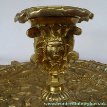 Load image into Gallery viewer, Antique Victorian ORMOLU / BRASS Chamberstick. Extremely Ornate Decoration with Devil Snuffer and Mask Heads. Very Rare
