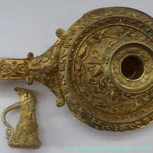 Load image into Gallery viewer, Antique Victorian ORMOLU / BRASS Chamberstick. Extremely Ornate Decoration with Devil Snuffer and Mask Heads. Very Rare
