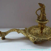 Load image into Gallery viewer, Antique Victorian ORMOLU / BRASS Chamberstick. Extremely Ornate Decoration with Devil Snuffer and Mask Heads. Very Rare
