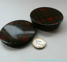 Load image into Gallery viewer, Antique Victorian Scottish Mauchline Ware TARTANWARE Circular Box. McBeth Tartan
