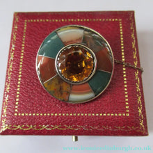 Load image into Gallery viewer, Antique SCOTTISH VICTORIAN SILVER &amp; Agate Hardstone Brooch or Pin. Old Red Leather Box
