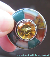 Load image into Gallery viewer, Antique SCOTTISH VICTORIAN SILVER &amp; Agate Hardstone Brooch or Pin. Old Red Leather Box

