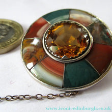 Load image into Gallery viewer, Antique SCOTTISH VICTORIAN SILVER &amp; Agate Hardstone Brooch or Pin. Old Red Leather Box
