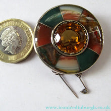Load image into Gallery viewer, Antique SCOTTISH VICTORIAN SILVER &amp; Agate Hardstone Brooch or Pin. Old Red Leather Box
