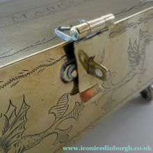 Load image into Gallery viewer, Arts and Crafts Brass Casket with Engraved Wyvern Decoration, Strapwork Bands &amp; Claw Feet
