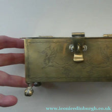 Load image into Gallery viewer, Arts and Crafts Brass Casket with Engraved Wyvern Decoration, Strapwork Bands &amp; Claw Feet
