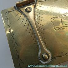 Load image into Gallery viewer, Arts and Crafts Brass Casket with Engraved Wyvern Decoration, Strapwork Bands &amp; Claw Feet
