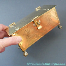 Load image into Gallery viewer, Arts and Crafts Brass Casket with Engraved Wyvern Decoration, Strapwork Bands &amp; Claw Feet
