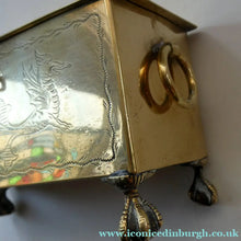 Load image into Gallery viewer, Arts and Crafts Brass Casket with Engraved Wyvern Decoration, Strapwork Bands &amp; Claw Feet
