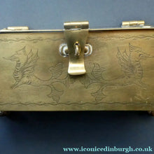 Load image into Gallery viewer, Arts and Crafts Brass Casket with Engraved Wyvern Decoration, Strapwork Bands &amp; Claw Feet
