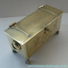 Load image into Gallery viewer, Arts and Crafts Brass Casket with Engraved Wyvern Decoration, Strapwork Bands &amp; Claw Feet

