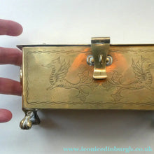 Load image into Gallery viewer, Arts and Crafts Brass Casket with Engraved Wyvern Decoration, Strapwork Bands &amp; Claw Feet
