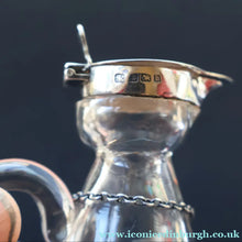 Load image into Gallery viewer, A/ ANTIQUE Edwardian WHISKY NOGGIN. Hallmarked 1907 Hukin and Heath Silver Mounts; with Cute Miniature Silver Whisky Label
