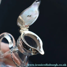 Load image into Gallery viewer, A/ ANTIQUE Edwardian WHISKY NOGGIN. Hallmarked 1907 Hukin and Heath Silver Mounts; with Cute Miniature Silver Whisky Label
