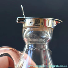 Load image into Gallery viewer, B/ ANTIQUE WHISKY NOGGIN. Hallmarked 1907 Hukin and Heath Silver Mounts; with Cute Miniature Silver Whisky Label
