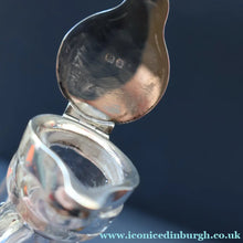 Load image into Gallery viewer, A/ ANTIQUE Edwardian WHISKY NOGGIN. Hallmarked 1907 Hukin and Heath Silver Mounts; with Cute Miniature Silver Whisky Label

