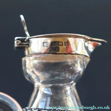 Load image into Gallery viewer, A/ ANTIQUE Edwardian WHISKY NOGGIN. Hallmarked 1907 Hukin and Heath Silver Mounts; with Cute Miniature Silver Whisky Label
