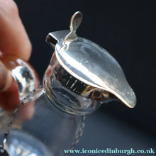 Load image into Gallery viewer, B/ ANTIQUE WHISKY NOGGIN. Hallmarked 1907 Hukin and Heath Silver Mounts; with Cute Miniature Silver Whisky Label
