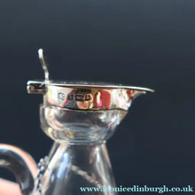 Load image into Gallery viewer, A/ ANTIQUE Edwardian WHISKY NOGGIN. Hallmarked 1907 Hukin and Heath Silver Mounts; with Cute Miniature Silver Whisky Label
