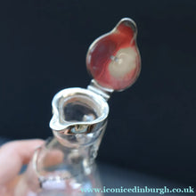Load image into Gallery viewer, B/ ANTIQUE WHISKY NOGGIN. Hallmarked 1907 Hukin and Heath Silver Mounts; with Cute Miniature Silver Whisky Label
