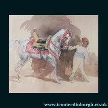Load image into Gallery viewer, Antoine de la Boulaye (b. 1951). Watercolour Drawing of an Oriental Horseman Leading a White Arab Stallion. Signed in Pencil
